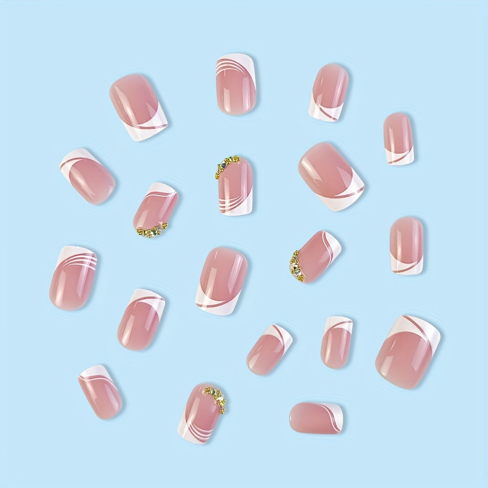 24pcs Shimmering Glossy Pink Press-On Nails with Sparkling Rhinestones and Chic French White Edge - Full Coverage, Reusable Fake Nails for Fashion-Forward Women and Girls