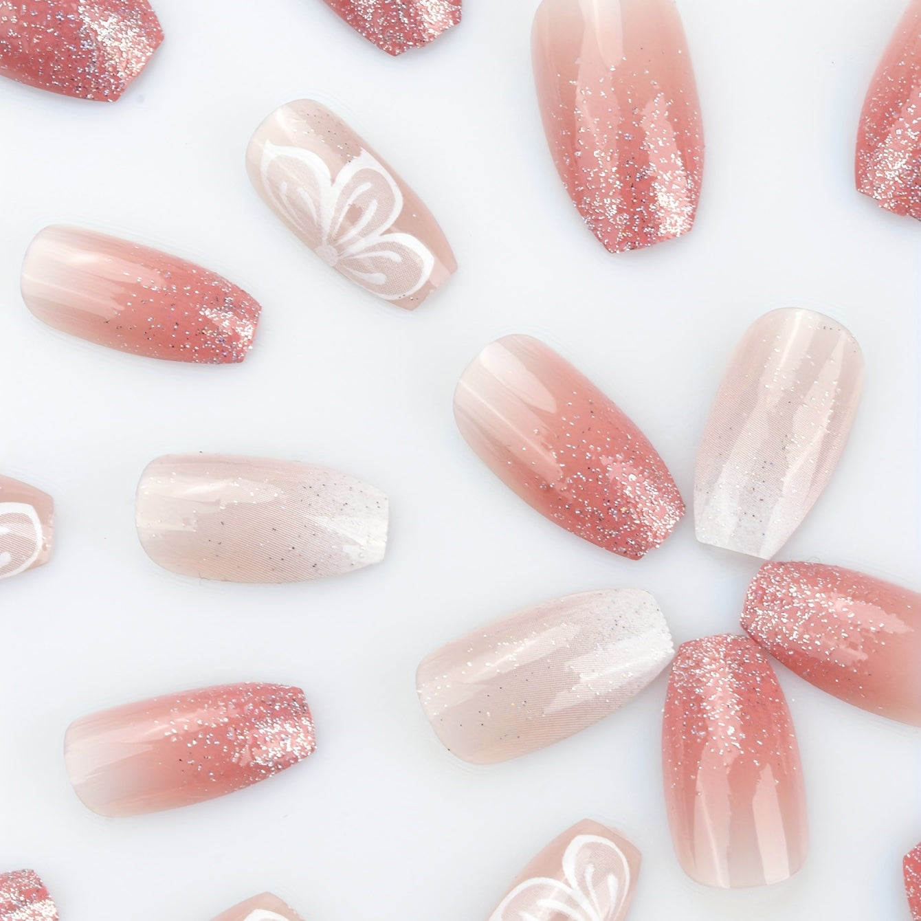 24pcs Pink White French Tip Press On Nails, Mid Squvoal Fake Nails Glossy Full Cover Butterfly And Glitter Powder Stick On Nails, Acrylic Nails For Women