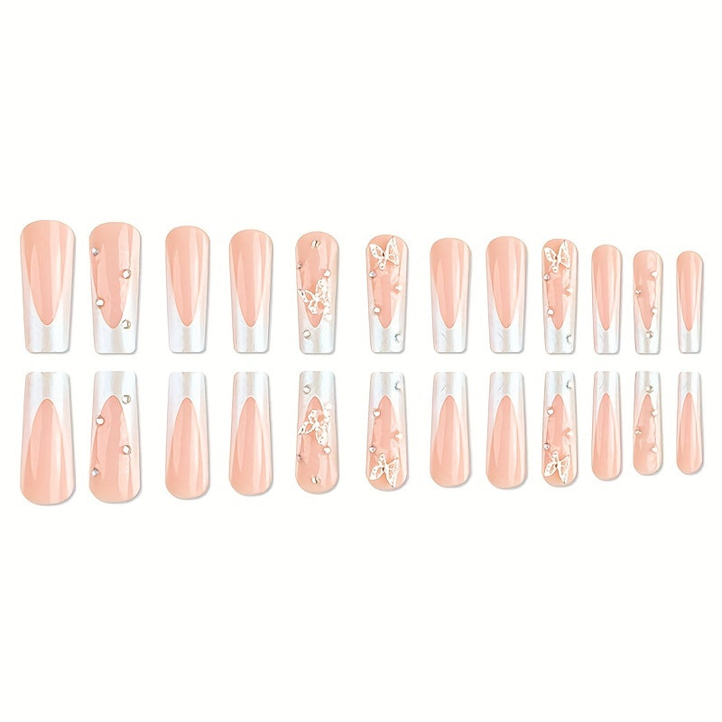 24PCS Long Coffin Shaped Pink French Tip Press On Nails with Glossy Full Cover, Butterfly Rhinestone, and Glitter Accents - Artificial Nail Tips for Women and Girls