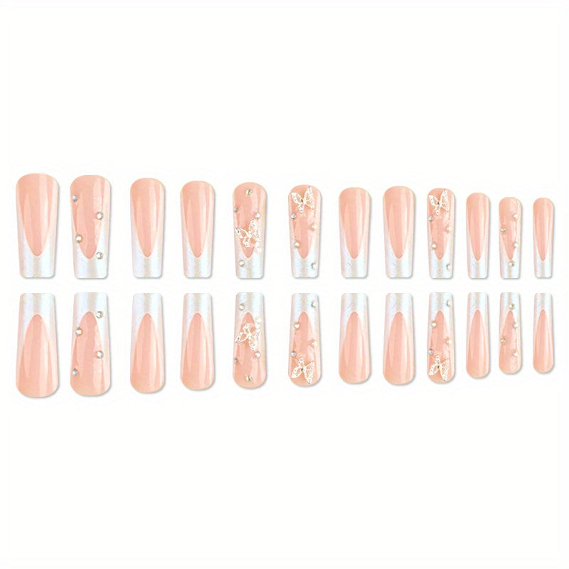 24PCS Long Coffin Shaped Pink French Tip Press On Nails with Glossy Full Cover, Butterfly Rhinestone, and Glitter Accents - Artificial Nail Tips for Women and Girls