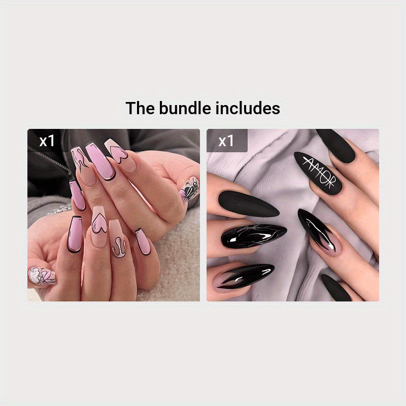 24pcs Chic Cat & Heart Design Coffin Press-On Nails - Long Ballet Shape, Glossy Finish with Pink Accents, Flame & Animal Patterns - Includes Nail File & Jelly Gel for Women and Girls