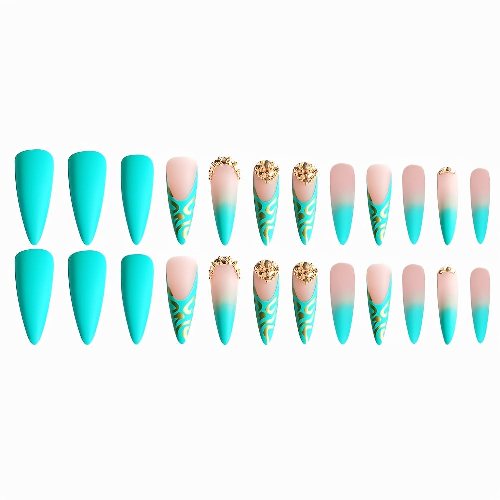 24pcs Long Almond Shaped Matte Stiletto Fake Nails with Golden Bling Line Stripe Design - Full Cover False Nails for Women with Mixed Color System - Green Rhinestones Accents and Easy to Apply Press-On Nail Design