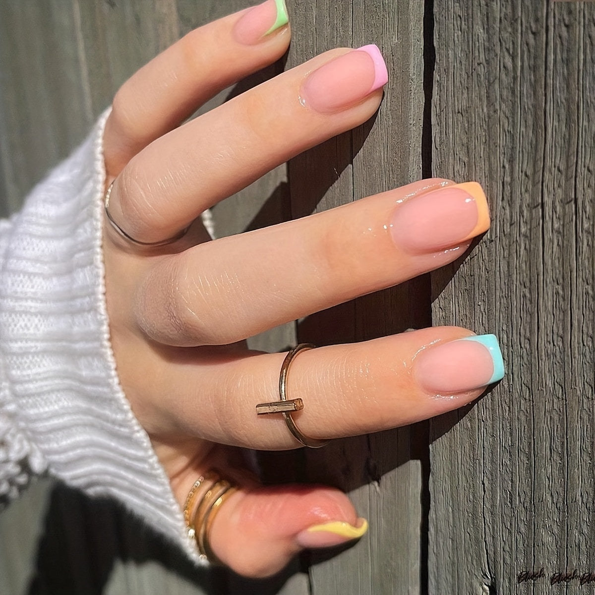 Short Square Press On Nails, Glossy Fake Nails With Colorful French Tip, Acrylic All Cover False Nails For Women And Girls 24pcs