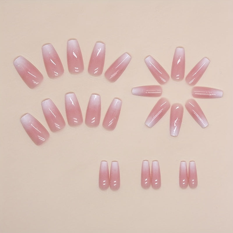 24pcs Stunning Glossy Long Ballerina Press On Nails - White and Pinkish Gradient Fake Nails for Women and Girls - Gentle, Easy to Apply, and Long-Lasting Nail Enhancements