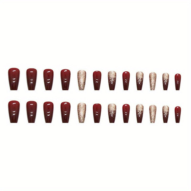 24pcs Golden Glitter Square Press On Nails - Medium Size Acrylic Wine Red Design for Bridal Wedding Use