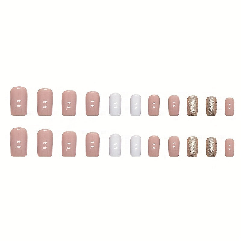 24pcs Glossy Medium Square Fake Nails White And Pink False Nails Glitter Sequins Stick On Nails Press On Nails Luxury Acrylic Nails For Women Girls