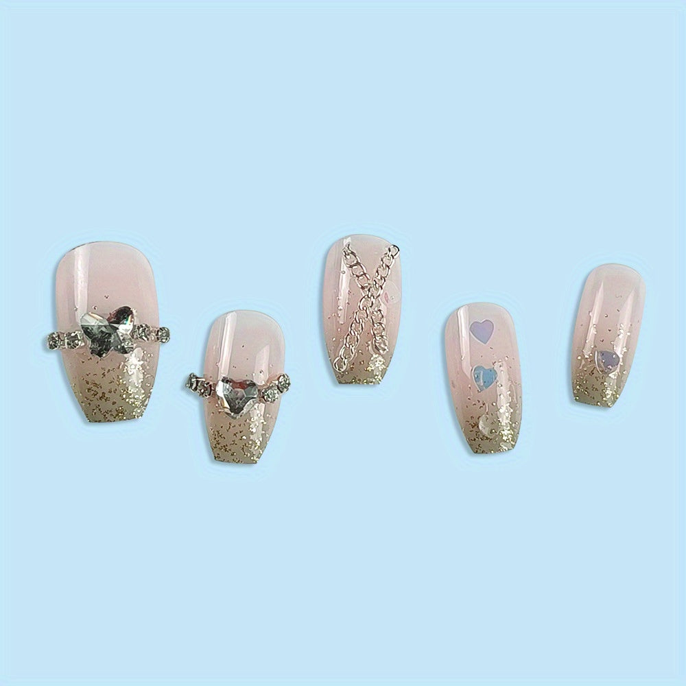 24pcs Valentines Press On Nails Short Laser Heart Fake Nails Acrylic Nails Press On Glitter Glue On Nails Square False Nails With Bling Rhinestone Design, For Women Manicure Decor