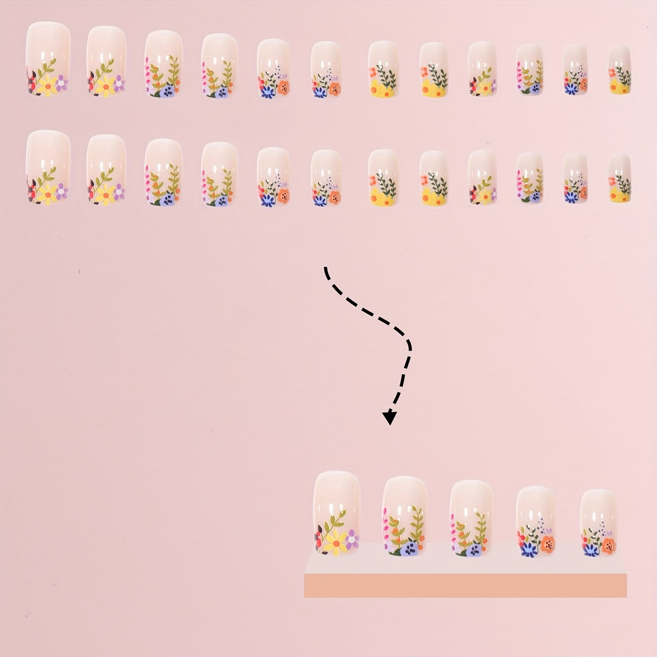 24pcs Spring Summer Floral Square Shape Press On Nails - Glossy Medium Length Full Cover ABS False Nails with Glue Sticker and Nail File - Perfect for Easter, Women and Girls