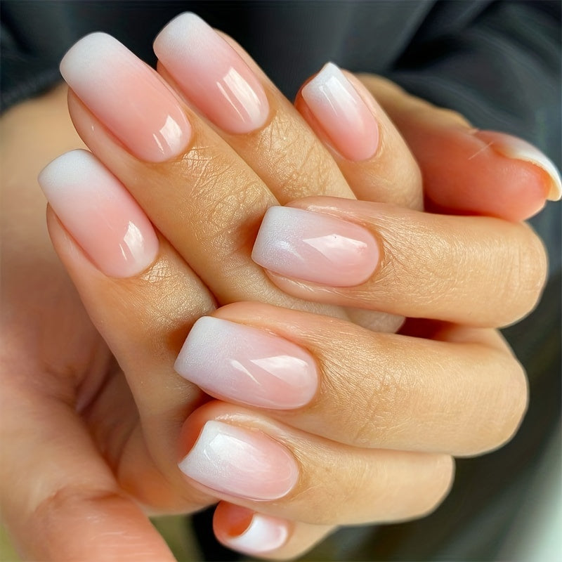 24pcs Full Cover Glossy Gradient Pink Acrylic Nails Set with 1 Nails Glue Sticker and 1 Nails File for Women and Girls