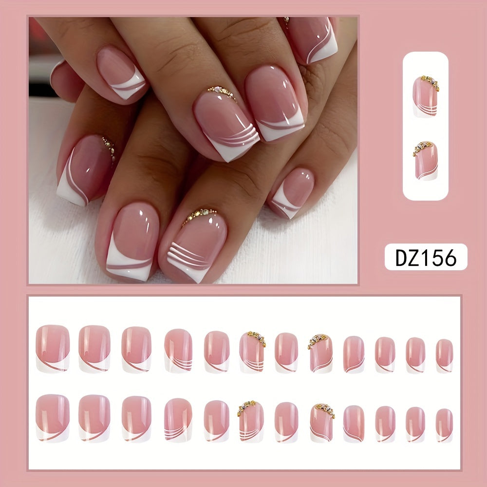 24pcs Shimmering Glossy Pink Press-On Nails with Sparkling Rhinestones and Chic French White Edge - Full Coverage, Reusable Fake Nails for Fashion-Forward Women and Girls