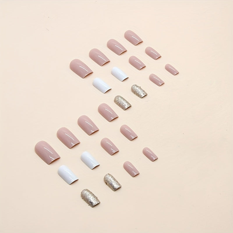 24pcs Glossy Medium Square Fake Nails White And Pink False Nails Glitter Sequins Stick On Nails Press On Nails Luxury Acrylic Nails For Women Girls