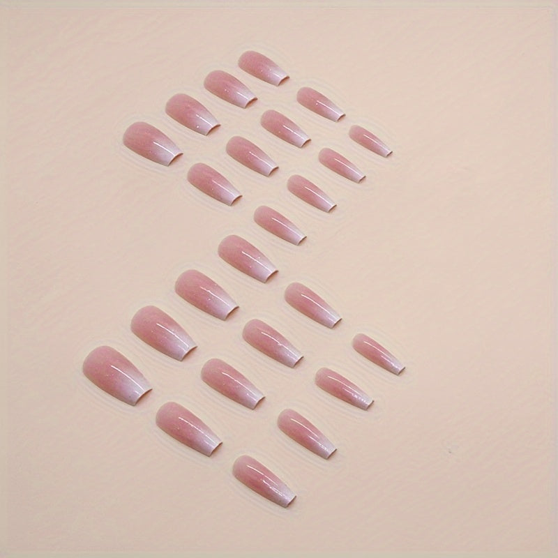 24pcs Stunning Glossy Long Ballerina Press On Nails - White and Pinkish Gradient Fake Nails for Women and Girls - Gentle, Easy to Apply, and Long-Lasting Nail Enhancements