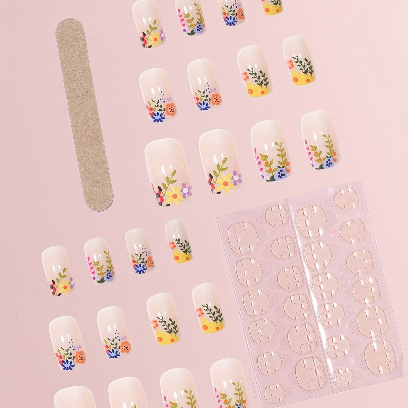 24pcs Spring Summer Floral Square Shape Press On Nails - Glossy Medium Length Full Cover ABS False Nails with Glue Sticker and Nail File - Perfect for Easter, Women and Girls
