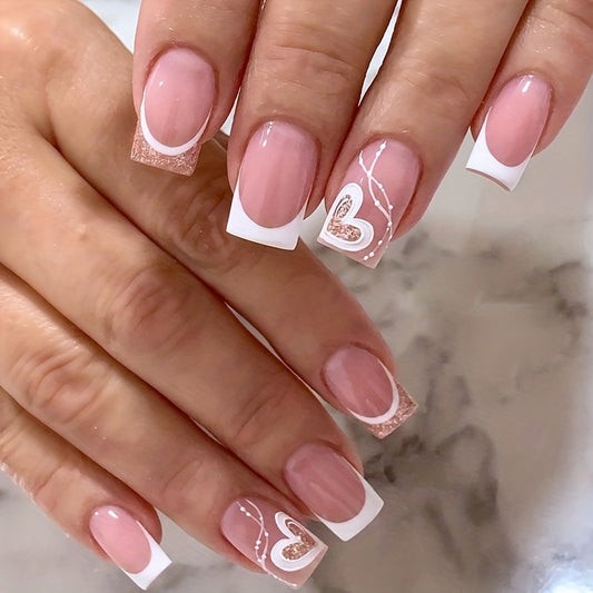 24pcs Short Square French Heart Press-On Nails - Glossy Pink & White Two-Tone Design with Golden Glitter Accents, Elegant and Simple Manicure for Casual Attire, Heart Nail Decoration