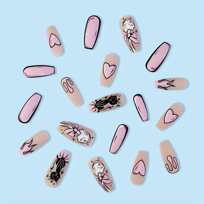24pcs Chic Cat & Heart Design Coffin Press-On Nails - Long Ballet Shape, Glossy Finish with Pink Accents, Flame & Animal Patterns - Includes Nail File & Jelly Gel for Women and Girls