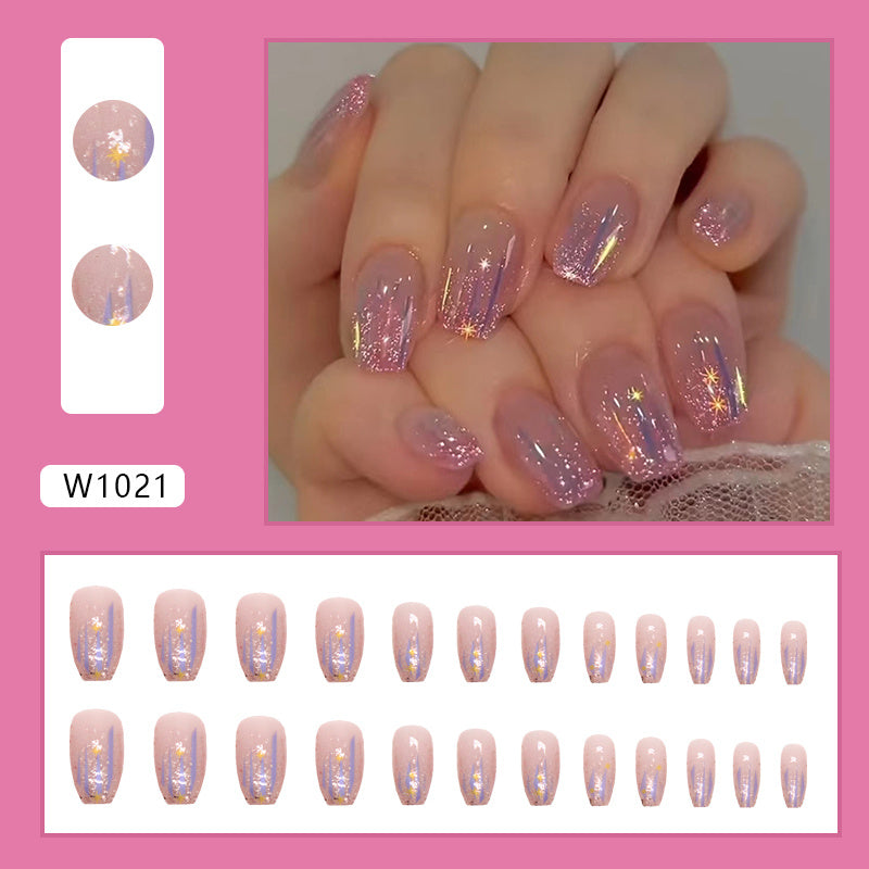 24pcs Aurora Purple Glossy Short Ballet Fake Nails - Press On Nail Forms for Women Girls with Golden Glitter Star Design, Shining False Nails for Daily Wear, Easy to Apply, Long-Lasting, and Durable