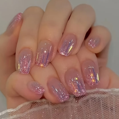 24pcs Aurora Purple Glossy Short Ballet Fake Nails - Press On Nail Forms for Women Girls with Golden Glitter Star Design, Shining False Nails for Daily Wear, Easy to Apply, Long-Lasting, and Durable