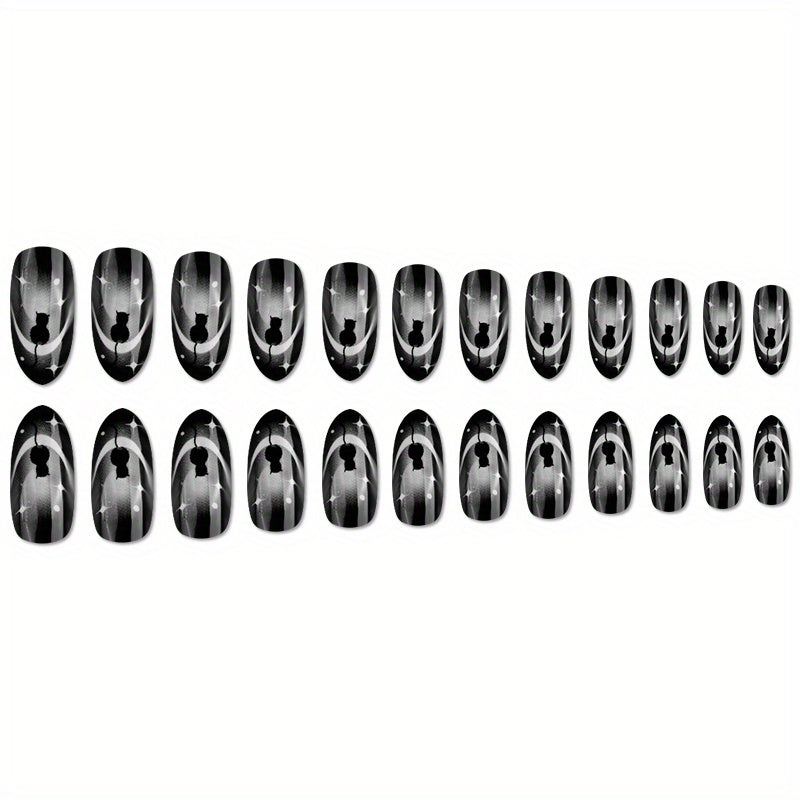 24pcs Glossy Black Gradient French Tip Press On Nails with Cute Cat, Star, and Moon Design - Full Cover False Nails for Women and Girls, Halloween Nails
