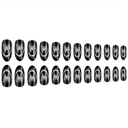 24pcs Glossy Black Gradient French Tip Press On Nails with Cute Cat, Star, and Moon Design - Full Cover False Nails for Women and Girls, Halloween Nails