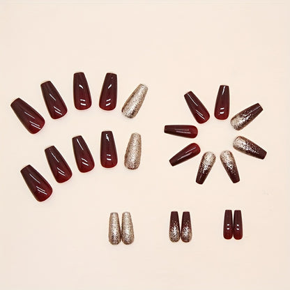 24pcs Golden Glitter Square Press On Nails - Medium Size Acrylic Wine Red Design for Bridal Wedding Use