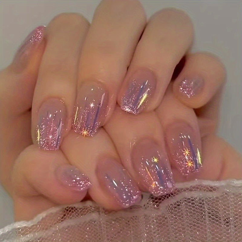 24pcs Aurora Purple Glossy Short Ballet Fake Nails - Press On Nail Forms for Women Girls with Golden Glitter Star Design, Shining False Nails for Daily Wear, Easy to Apply, Long-Lasting, and Durable