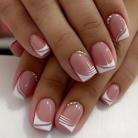 24pcs Shimmering Glossy Pink Press-On Nails with Sparkling Rhinestones and Chic French White Edge - Full Coverage, Reusable Fake Nails for Fashion-Forward Women and Girls