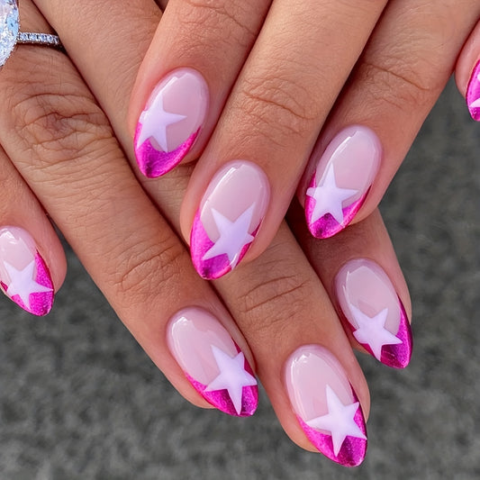 24pcs Pink French Tip Press On Nails Short Almond Fake Nails Glossy Full Cover Star Stick On Nails False Nails Tips Cute Acrylic Nails With Rose Red Edge Design, With 1 Nail File And 1 Nail Glue For Women
