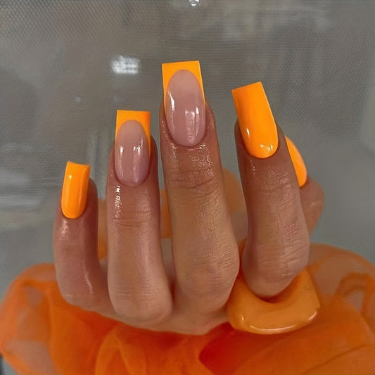24pcs Vibrant Glossy Orange French Tip Coffin Nails - Medium Length & Reusable - Summer Beach Style Acrylic Look Set with Design Glue, Nail File & Glue - Perfect for Fashion-Forward Women