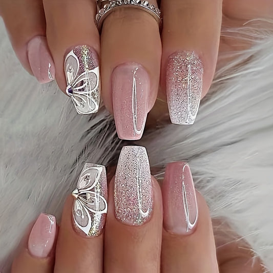 24pcs Pink White French Tip Press On Nails, Mid Squvoal Fake Nails Glossy Full Cover Butterfly And Glitter Powder Stick On Nails, Acrylic Nails For Women