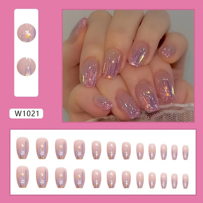 24pcs Aurora Purple Glossy Short Ballet Fake Nails - Press On Nail Forms for Women Girls with Golden Glitter Star Design, Shining False Nails for Daily Wear, Easy to Apply, Long-Lasting, and Durable