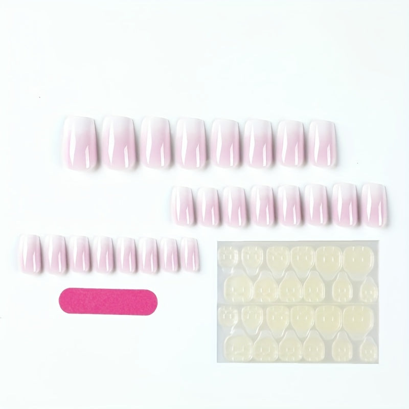 24pcs Full Cover Glossy Gradient Pink Acrylic Nails Set with 1 Nails Glue Sticker and 1 Nails File for Women and Girls