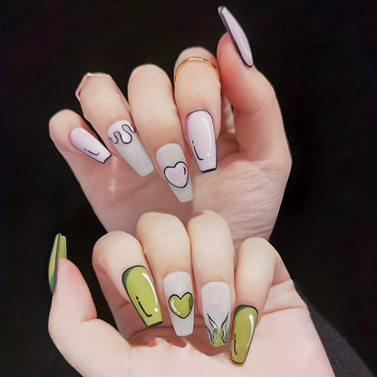 24pcs Chic Cat & Heart Design Coffin Press-On Nails - Long Ballet Shape, Glossy Finish with Pink Accents, Flame & Animal Patterns - Includes Nail File & Jelly Gel for Women and Girls