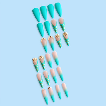 24pcs Long Almond Shaped Matte Stiletto Fake Nails with Golden Bling Line Stripe Design - Full Cover False Nails for Women with Mixed Color System - Green Rhinestones Accents and Easy to Apply Press-On Nail Design