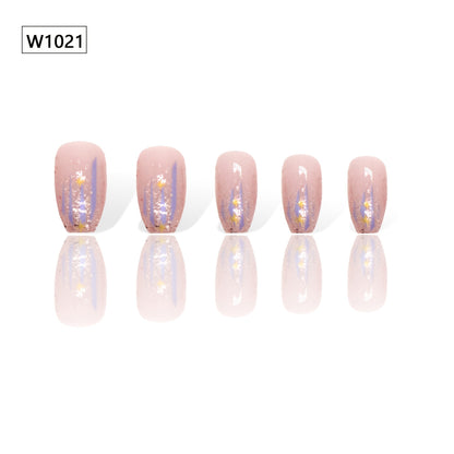 24pcs Aurora Purple Glossy Short Ballet Fake Nails - Press On Nail Forms for Women Girls with Golden Glitter Star Design, Shining False Nails for Daily Wear, Easy to Apply, Long-Lasting, and Durable
