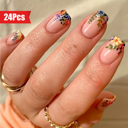 24pcs Spring Summer Floral Square Shape Press On Nails - Glossy Medium Length Full Cover ABS False Nails with Glue Sticker and Nail File - Perfect for Easter, Women and Girls