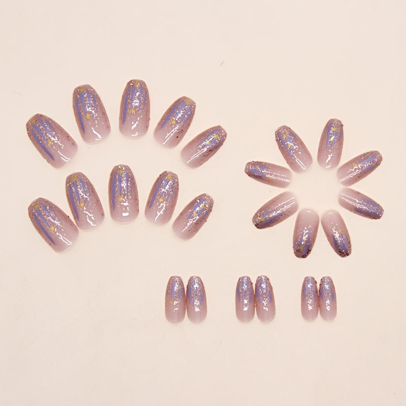 24pcs Aurora Purple Glossy Short Ballet Fake Nails - Press On Nail Forms for Women Girls with Golden Glitter Star Design, Shining False Nails for Daily Wear, Easy to Apply, Long-Lasting, and Durable