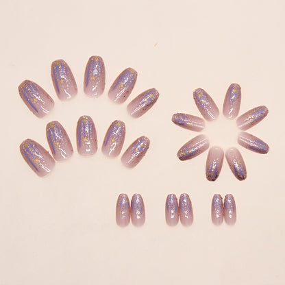 24pcs Aurora Purple Glossy Short Ballet Fake Nails - Press On Nail Forms for Women Girls with Golden Glitter Star Design, Shining False Nails for Daily Wear, Easy to Apply, Long-Lasting, and Durable