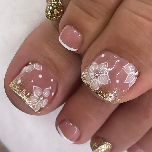 24pcs Shimmering Golden Glitter Flower False Toenails with Dazzling Rhinestones - Ultra-Glossy, Full Cover, Short Square Press-On Nails for Fashionable Women and Girls - Perfect Easter Accessory