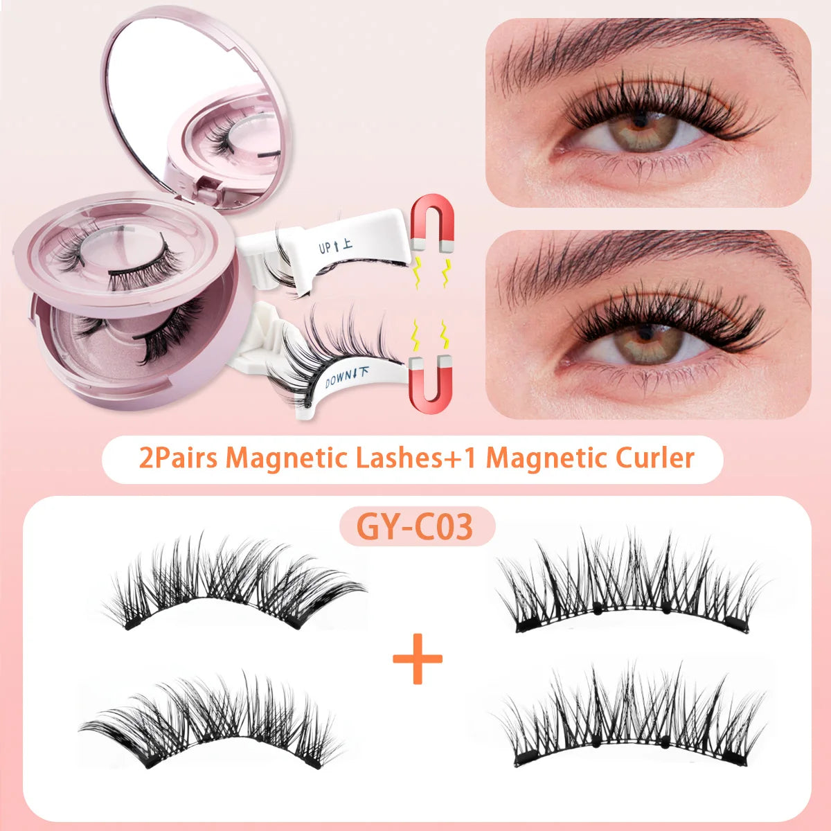 2Pairs 3D Magnetic False Eyelashes Natural Soft Magnet Eye Makeup Tool With Applicater Mirror Glue Free Easy To Wear