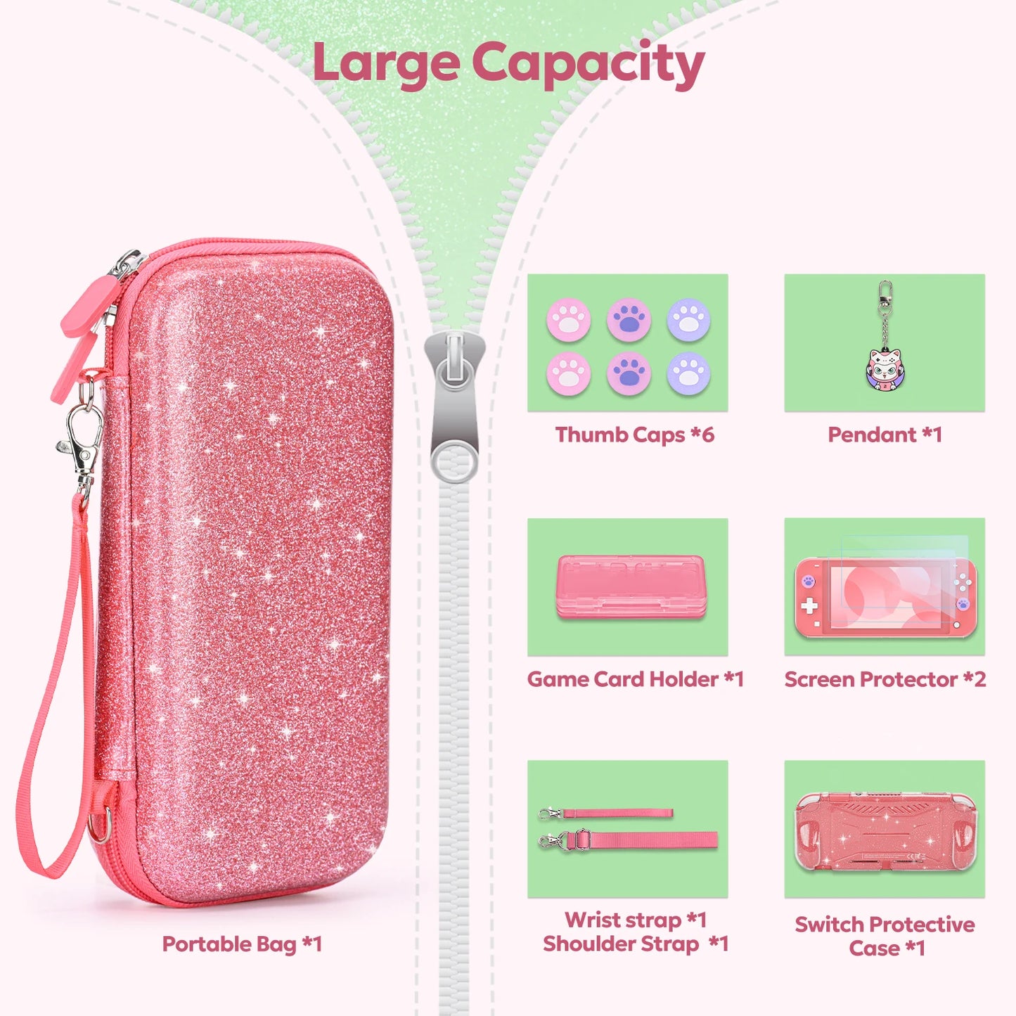NS Switch Lite Travel Case 14 in 1 Portable Storage Bag with Protective Switch Console Game Accessories