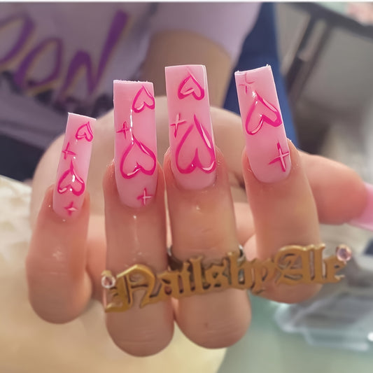 Middle Length Pink Glossy Ballet False Nails with Heart Pattern - Long-Lasting, Easy to Apply Press On Nails for Valentines Day - Perfect for Romantic Occasions and Self-Care