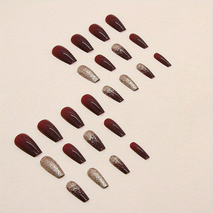 24pcs Golden Glitter Square Press On Nails - Medium Size Acrylic Wine Red Design for Bridal Wedding Use