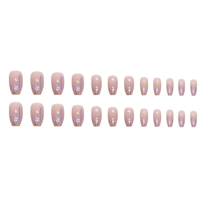 24pcs Aurora Purple Glossy Short Ballet Fake Nails - Press On Nail Forms for Women Girls with Golden Glitter Star Design, Shining False Nails for Daily Wear, Easy to Apply, Long-Lasting, and Durable