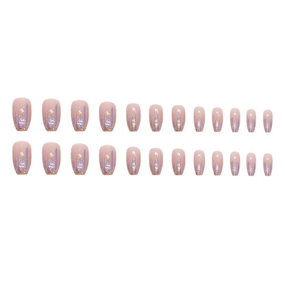 24pcs Aurora Purple Glossy Short Ballet Fake Nails - Press On Nail Forms for Women Girls with Golden Glitter Star Design, Shining False Nails for Daily Wear, Easy to Apply, Long-Lasting, and Durable