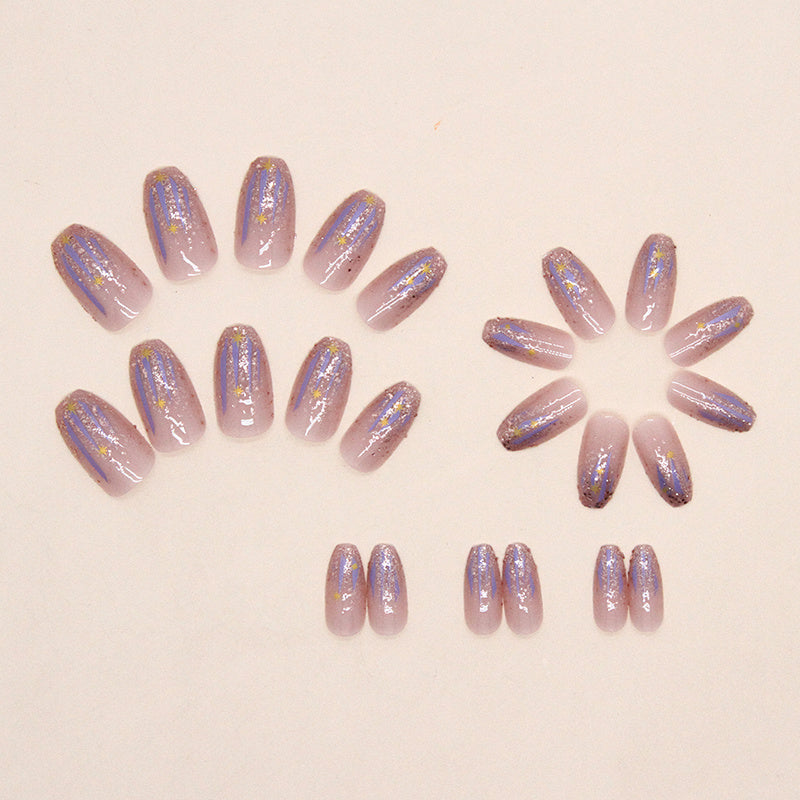 24pcs Aurora Purple Glossy Short Ballet Fake Nails - Press On Nail Forms for Women Girls with Golden Glitter Star Design, Shining False Nails for Daily Wear, Easy to Apply, Long-Lasting, and Durable