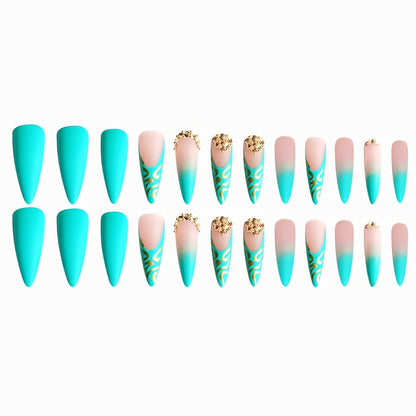 24pcs Long Almond Shaped Matte Stiletto Fake Nails with Golden Bling Line Stripe Design - Full Cover False Nails for Women with Mixed Color System - Green Rhinestones Accents and Easy to Apply Press-On Nail Design