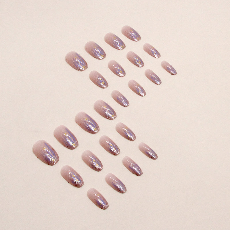 24pcs Aurora Purple Glossy Short Ballet Fake Nails - Press On Nail Forms for Women Girls with Golden Glitter Star Design, Shining False Nails for Daily Wear, Easy to Apply, Long-Lasting, and Durable