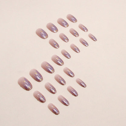 24pcs Aurora Purple Glossy Short Ballet Fake Nails - Press On Nail Forms for Women Girls with Golden Glitter Star Design, Shining False Nails for Daily Wear, Easy to Apply, Long-Lasting, and Durable