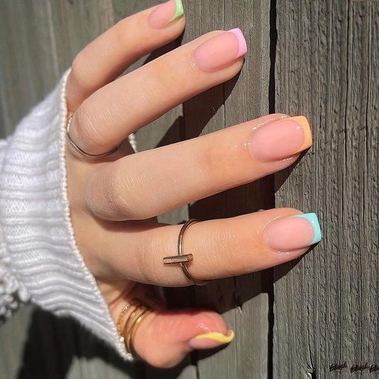 Short Square Press On Nails, Glossy Fake Nails With Colorful French Tip, Acrylic All Cover False Nails For Women And Girls 24pcs