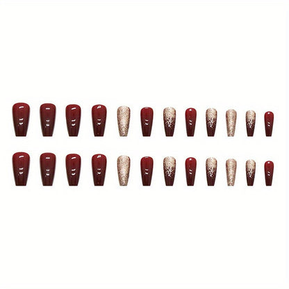24pcs Golden Glitter Square Press On Nails - Medium Size Acrylic Wine Red Design for Bridal Wedding Use